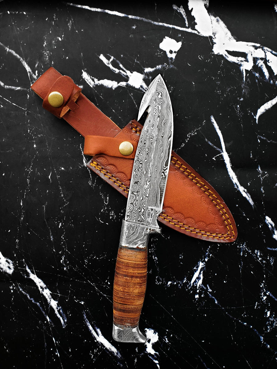 Damascus Steel Hunting Knife, Handmade Full Tang Skinner Knife, Fixed-Blade- Knife & Hunting Knife, Camping Knives & Hunting Knives, Olive Wood & Rose  Wood Handle with Leather Knife Sheath