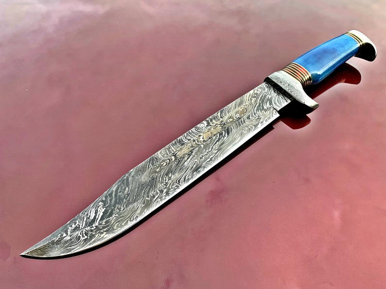 Handmade Damascus offers Steel Hunting Bowie Knife With Leather Sheath 15.00 Inches