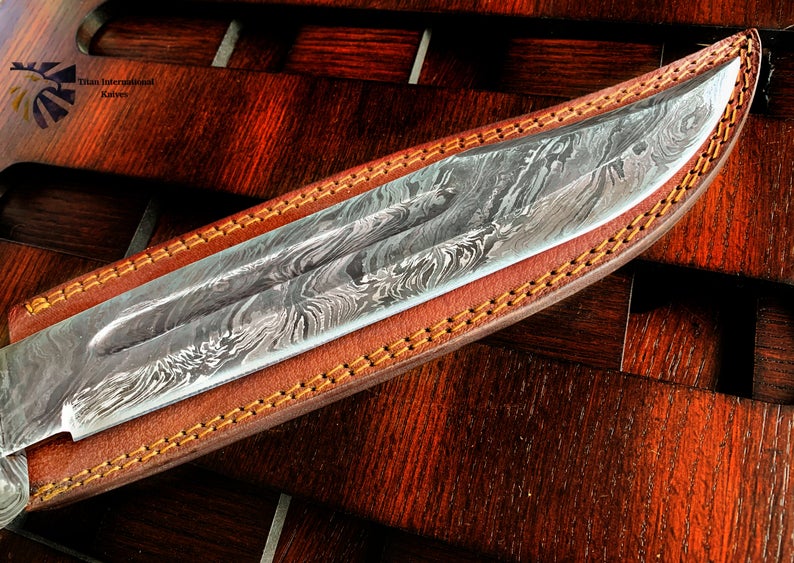 1087 - Handmade damascus steel 10 inch Bowie knife w dyed and carved bone handle comes popular with custom quality leather sheath