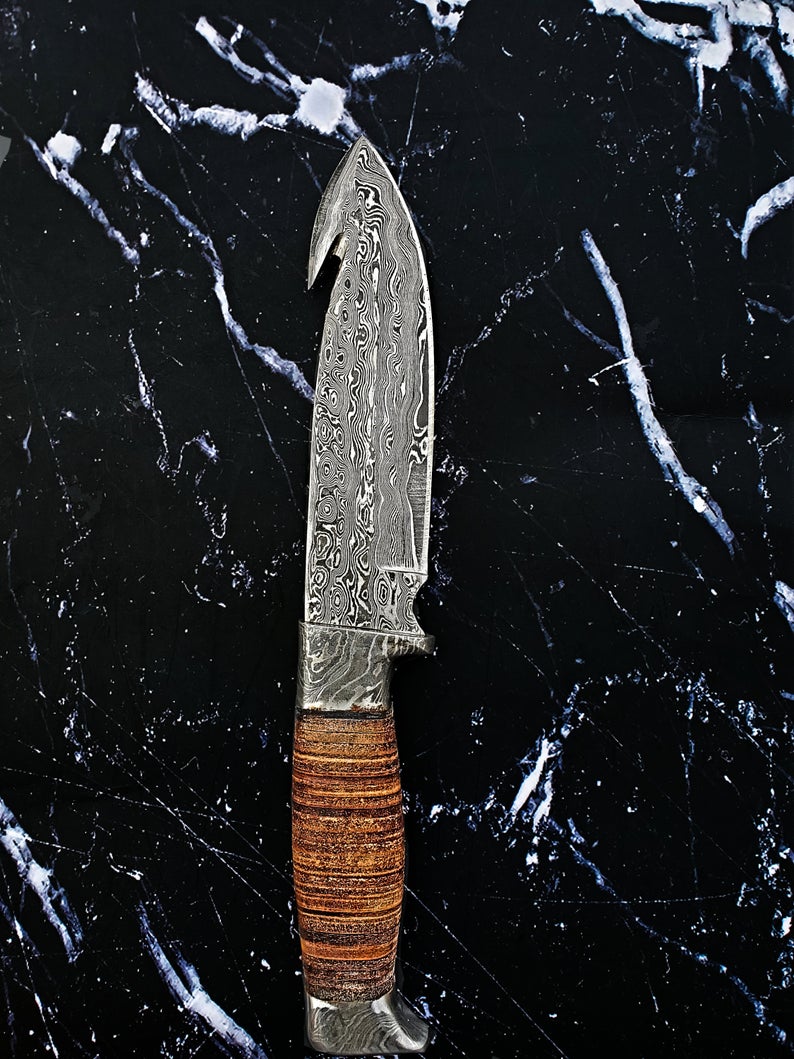 Damascus Steel, Handmade Knife, Hunting Knife with Gut Hook