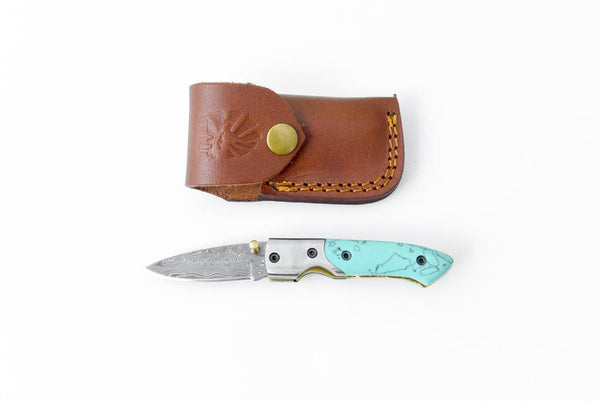 AzureGlide Damascus Steel Turquoise (Resin) Pocket Knife