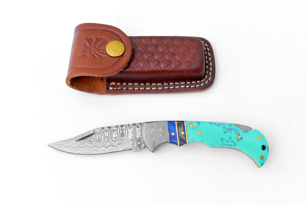 Damascus steel pocket knife Limited Run Turquoise Resin TF-059