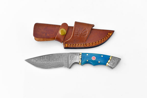 The Dyed Blue Bone Damascus Steel Utility Knife TK-001