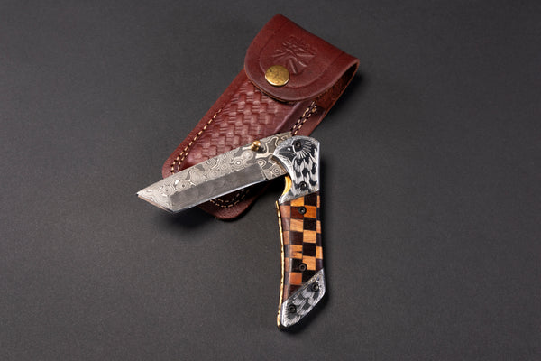 Damascus Steel Eagle Engraved Checkered Pocket Knife TK-041