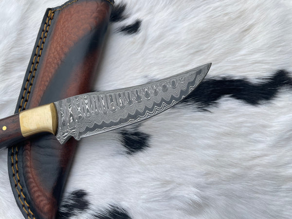 CUSTOM HANDMADE FORGED DAMASCUS STEEL HUNTING KNIFE BLADE WITH BLACK WALNUT AND STAG HORN SCALES TK-058