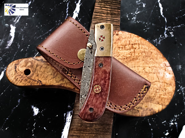 Damascus Steel Folding Knife Tanto Blade Dyed Bone Handle and Copper Bolster Titan Pocket Samurai