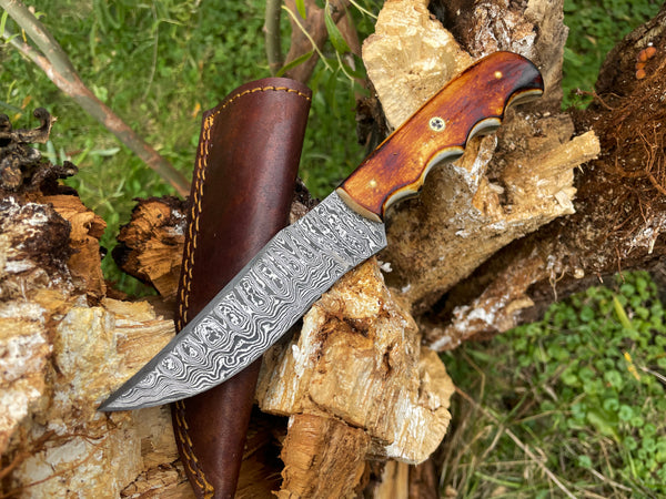 A.5 DAMASCUS STEEL HUNTING KNIFE BURNT BONE SCALES TD-711