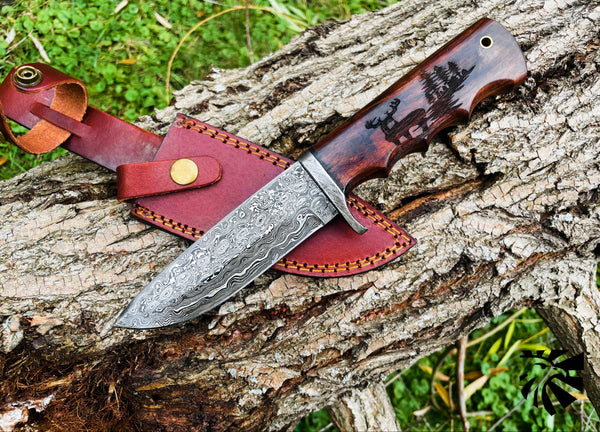 A.3 Damascus Steel Hunting Knife Buck Engraved Walnut Scales TD