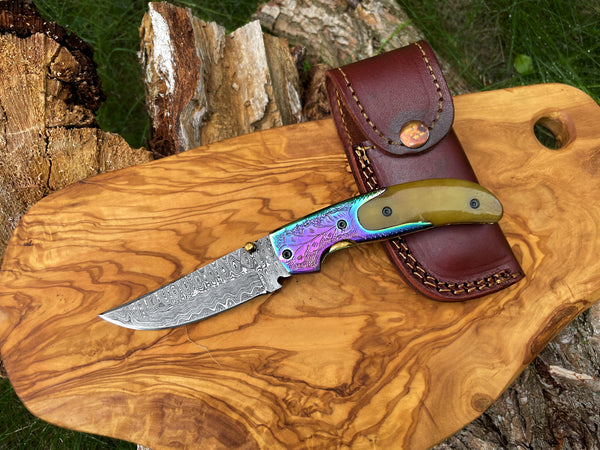Damasucs Pocket Knife exquisite engraved bolster by Titan TF-015