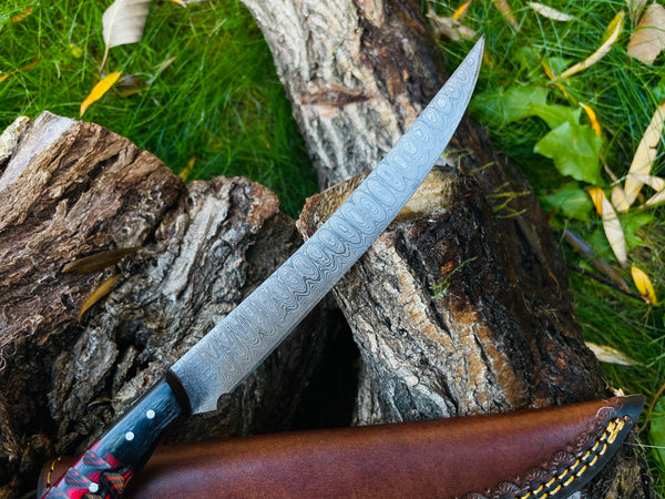 Damascus Steel Custom Flay Knife with Craved Grips TK-051