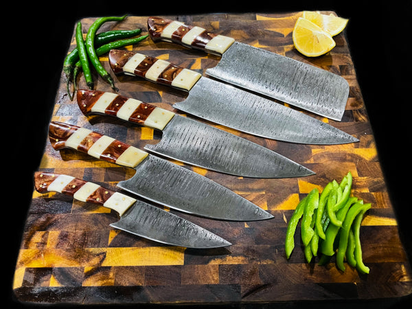 Damascus steel chef kitchen knife set with leather carry bag
