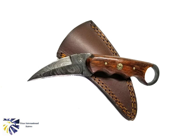 Damascus Flash Karambit with Rose Wood Scales / Single Edge Karambit by Titan TD-199