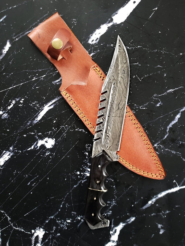 Damascus Fixed Blade Titan Predator- with serrated back/ Black Resin scales TD-236