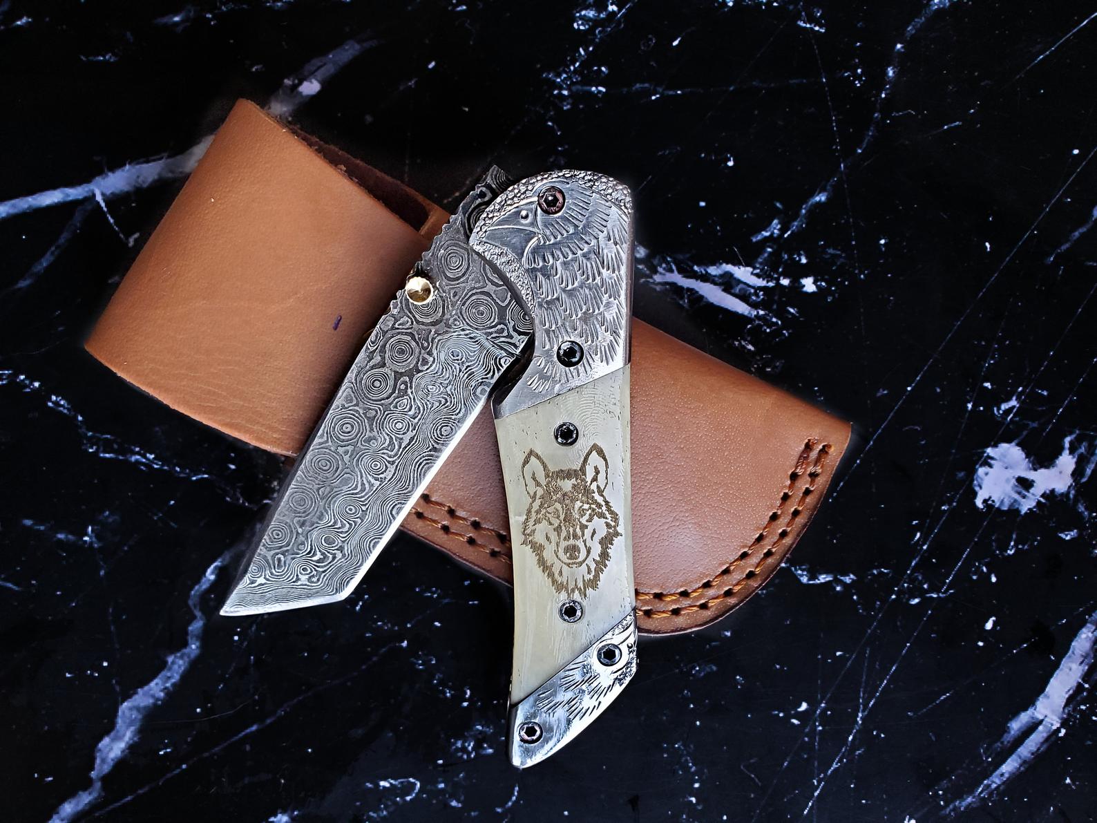 Damascus Steel Tanto Knife With Raindrop Pattern