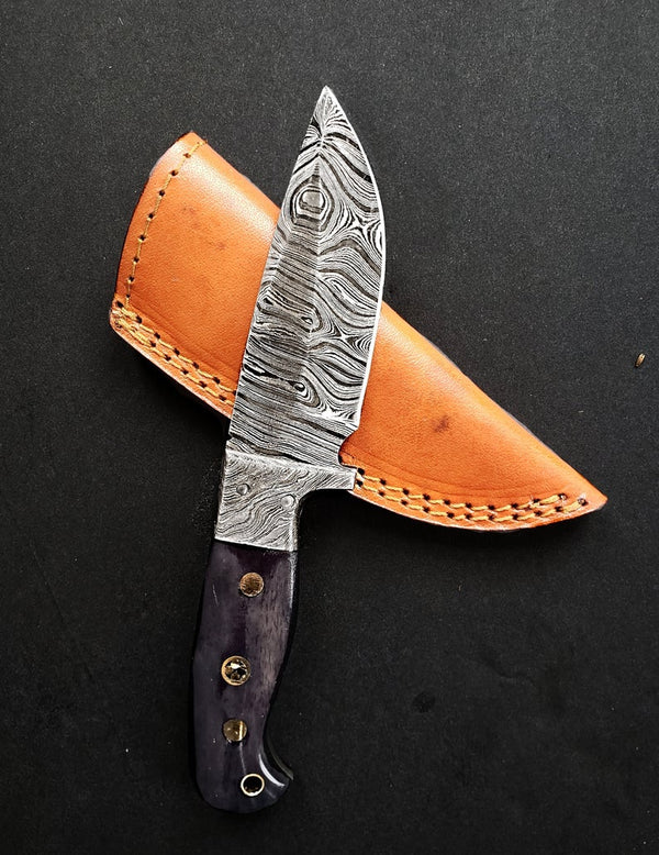 Damascus Knife Titan Gris - Custom Handmade Damascus Steel Fixed Blade Hunting Knife With Leather Sheath (Camel Bone Handle) TD-219